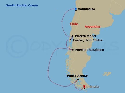 10 Night - Chile Intensive Cruise : Puerto Montt, Castro & Punta Arenas - Azamara Quest - Starting in Valparaiso, Puerto Montt, Castro, Puerto Chacabuco, Sailing in the Chilean Fjords, Punta Arenas, Ushuaia itinerary map