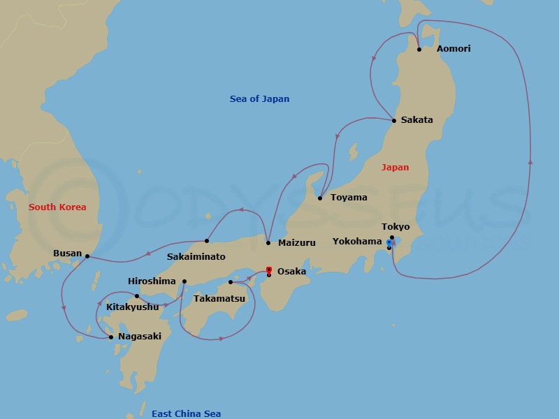 14 Night - Japan Intensive Cruise : Tokyo, Sakata & Nagasaki - Azamara Pursuit - Starting in Yokohama, Tokyo, Aomori, Sakata, Toyama, Maizuru, Sakaiminato, Busan, Nagasaki, Kitakyushu, Hiroshima, Takamatsu, Osaka itinerary map