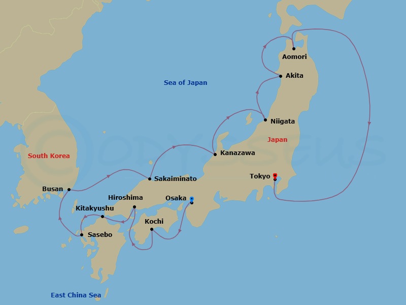 14 Night - Japan Intensive Cruise : Kochi, Hiroshima & Akita - Azamara Pursuit - Starting in Osaka, Kochi, Hiroshima, Kitakyushu, Sasebo, Busan, Sakaiminato, Kanazawa, Niigata, Akita, Aomori, Tokyo itinerary map