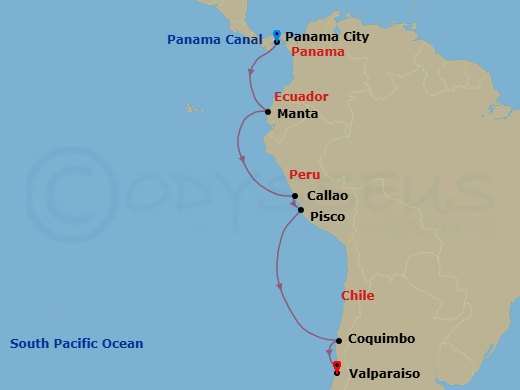 10 Night - Panama, Ecuadaor & Peru Cruise : Panama City, Manta & Lima (Callao) - Azamara Quest - Starting in Panama City (Fuerte Amador), Manta, Callao (Lima), Pisco, Coquimbo, Valparaiso itinerary map