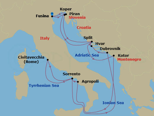 14 Night - Cruise Roundtrip from Fusina - Silver Ray - Starting in Fusina, Piran, Split, Kotor, Agropoli, Sorrento, Civitavecchia, Sorrento, Dubrovnik, Croatia, Hvar, Split, Koper, Fusina itinerary map