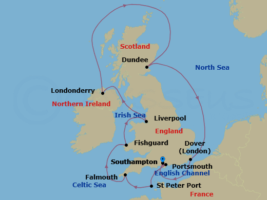 12 Night - Southampton to Southampton - Silver Spirit - Starting in Southampton, Portsmouth UK, St Peter Port, Falmouth, England, Fishguard, Wales, Liverpool, Greencastle (Londonderry), Dundee, Dover UK (London), England, Southampton itinerary map