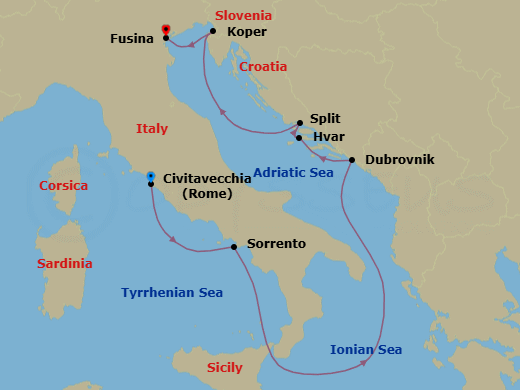7 Night - Civitavecchia to Fusina - Silver Ray - Starting in Civitavecchia (Rome), Sorrento, Dubrovnik, Croatia, Hvar, Split, Koper, Fusina (Venice) itinerary map