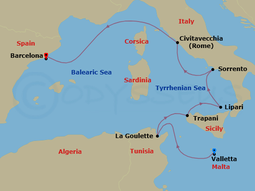 9 Night - Europe & Mediterranean - Crystal Symphony - Starting in Valletta, Tunis (La Goulette), Trapani, Lipari Island, Sorrento, Civitavecchia (Rome), Barcelona itinerary map