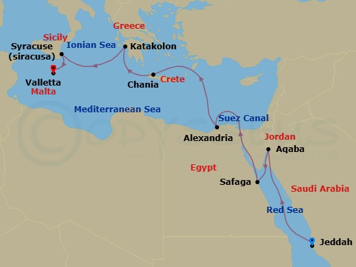 13 Night - Europe & Mediterranean - Crystal Symphony - Starting in Jeddah, Aqaba, Safaga (Luxor), Suez Canal (Transit), Alexandria EG, Souda (Chania), Katakolon, Siracusa (Sicily), Valletta itinerary map