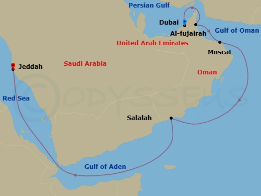 9 Night - Africa & Indian Ocean - Crystal Symphony - Starting in Dubai, Fujairah, Muscat, Salalah, Jeddah itinerary map