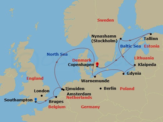NCL Norwegian Prima Cruise Tours - 14 Night - Tower of London & Garden of England Pre Cruisetour - NCL Norwegian Prima Cruise Tours - Starting in At Hotel, London (Southampton), United Kingdom,.. itinerary map