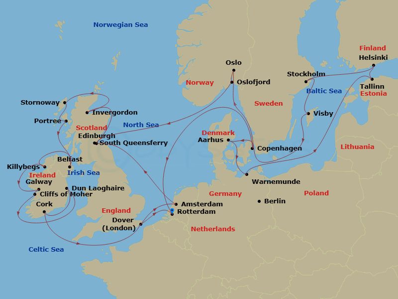HAL Nieuw Statendam - 28 Night - Scandinavian Capitals & British Isles : Belfast - HAL Nieuw Statendam - Starting in Rotterdam, the Netherlands, Copenhagen, Denmark, Aarhus, Denmar.. itinerary map