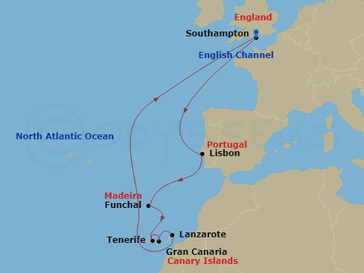 Queen Victoria - 12 Night - Canary Island Celebration - Queen Victoria - Starting in Southampton, England, UK, Lisbon, Portugal, Funchal, Madeira, Portugal, Tenerife, Spain, G.. itinerary map