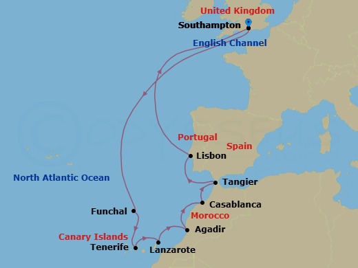 16 Night - Portugal, Spain and Morocco - Queen Victoria - Starting in Southampton, England, UK, Funchal, Madeira, Portugal, Tenerife, Spain, Lanzarote, Spain, Agadir, Morocco, Casablanca, Morocco, Tangier, Morocco, Lisbon, Portugal, Southampton, England, UK itinerary map