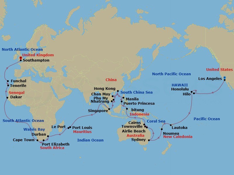 83 Night - Los Angeles to Southampton - Queen Victoria - Starting in Los Angeles, CA, Hilo, HI, Honolulu, HI, Cross International Date Line (Cruise-by), Lautoka, Fiji, Noumea, New Caledonia, Sydney AU, Australia, Airlie Beach, Australia, Townsville, Australia, Cairns, Australia, Bitung, Indonesia, Puerto Princesa, Philippines, Manila, Philippines, Hong Kong, China, Chan May (tours to Hue or Da Nang), Vietnam, Nha Trang, Vietnam, Phu My (tours to Ho Chi Minh City), Vietnam, Singapore, Port Louis, Mauritius, Le Port, Reunion, Durban, South Africa, Gqeberha (Port Elizabeth ZA), South Africa, Cape Town, South Africa, Walvis Bay, Namibia, Dakar, Senegal, Tenerife, Spain, Funchal, Madeira, Portugal itinerary map