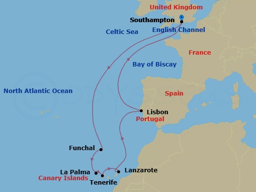 12 Night - Canary Islands - Queen Victoria - Starting in Southampton, England, UK, Funchal, Madeira, Portugal, La Palma, Spain, Tenerife, Spain, Lanzarote, Spain, Lisbon, Portugal, Southampton, England, UK itinerary map