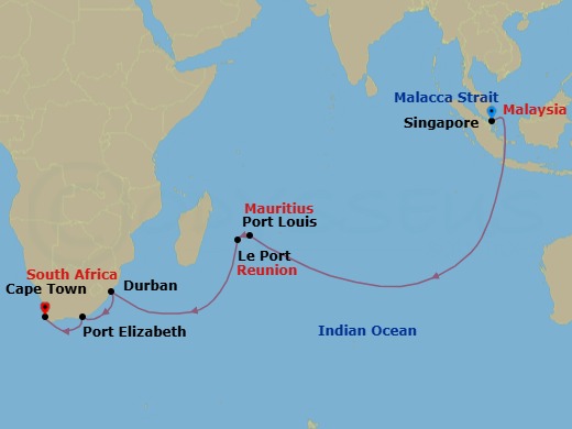 19 Night - Singapore to Cape Town - Queen Victoria - Starting in Singapore, Port Louis, Mauritius, Le Port, Reunion, Durban, South Africa, Gqeberha (Port Elizabeth ZA), South Africa, Cape Town, South Africa itinerary map