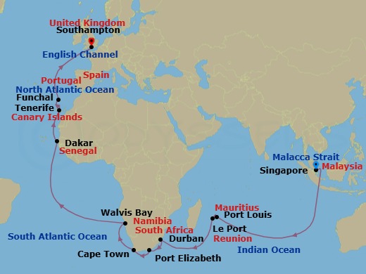 39 Night - Singapore to Southampton - Queen Victoria - Starting in Singapore, Port Louis, Mauritius, Le Port, Reunion, Durban, South Africa, Gqeberha (Port Elizabeth ZA), South Africa, Cape Town, South Africa, Walvis Bay, Namibia, Dakar, Senegal, Tenerife, Spain, Funchal, Madeira, Portugal, Southampton, England, UK itinerary map