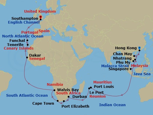 46 Night - Hong Kong to Southampton - Queen Victoria - Starting in Hong Kong, China, Chan May (tours to Hue or Da Nang), Vietnam, Nha Trang, Vietnam, Phu My (tours to Ho Chi Minh City), Vietnam, Singapore, Port Louis, Mauritius, Le Port, Reunion, Durban, South Africa, Gqeberha (Port Elizabeth ZA), South Africa, Cape Town, South Africa, Walvis Bay, Namibia, Dakar, Senegal, Tenerife, Spain, Funchal, Madeira, Portugal, Southampton, England, UK itinerary map