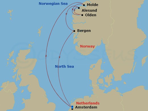 Celebrity Eclipse - 7 Night - Norwegian Fjords Cruise - Celebrity Eclipse - Starting in Amsterdam, Netherlands, Molde, Norway, Olden, Norway, Alesund, Norway, Bergen, Norway, Ams.. itinerary map
