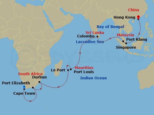 Queen Anne - 27 Night - Cape Town to Hong Kong - Queen Anne - Starting in Cape Town, South Africa, Gqeberha (Port Elizabeth ZA), South Africa, Durban, South Africa, Le Por.. itinerary map