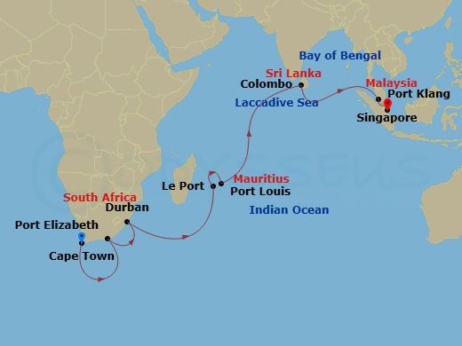 Queen Anne - 22 Night - Cape Town to Singapore - Queen Anne - Starting in Cape Town, South Africa, Gqeberha (Port Elizabeth ZA), South Africa, Durban, South Africa, Le Por.. itinerary map