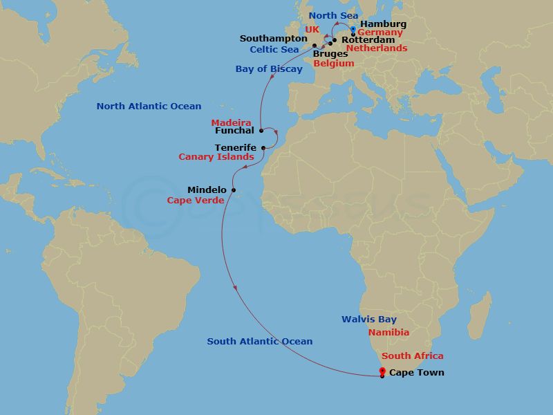 Queen Anne - 25 Night - Hamburg to Cape Town - Queen Anne - Starting in Hamburg, Germany, Rotterdam, Netherlands, Zeebrugge (tours to Bruges), Belgium, Southampton, Englan.. itinerary map