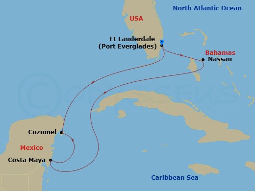 RCL Allure of the Seas - 6 Night - Western Caribbean Cruise - RCL Allure of the Seas - Starting in Fort Lauderdale, Florida, Nassau, Bahamas, Puerto Costa Maya, Mexico, Cozumel, Mexic.. itinerary map