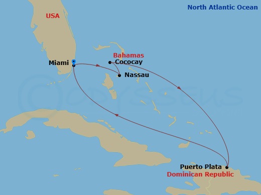 RCL Symphony of the Seas - 7 Night - Western Caribbean & Perfect Day - RCL Symphony of the Seas - Starting in Miami, Florida, Nassau, Bahamas, Perfect Day Cococay, Bahamas, Puerto Plata.. itinerary map