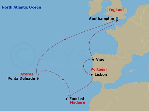 Queen Anne - 12 Night - Azores, Portugal and Spain - Queen Anne - Starting in Southampton, England, UK, Ponta Delgada, Azores, Portugal, Funchal, Madeira, Portugal, Lisbon.. itinerary map