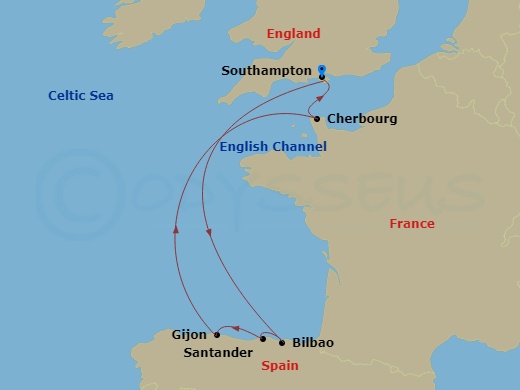 Queen Anne - 7 Night - Spain and France - Queen Anne - Starting in Southampton, England, UK, Getxo (Tours to Bilbao), Spain, Santander, Spain, Gijon, Spain, Cherbourg, Fra.. itinerary map