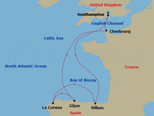 7 Night - Spain and France - Queen Anne - Starting in Southampton, England, UK, Getxo (Tours to Bilbao), Spain, La Coruna (tours to Santiago de Compostela), Spain, Gijon, Spain, Cherbourg, France, Southampton, England, UK itinerary map