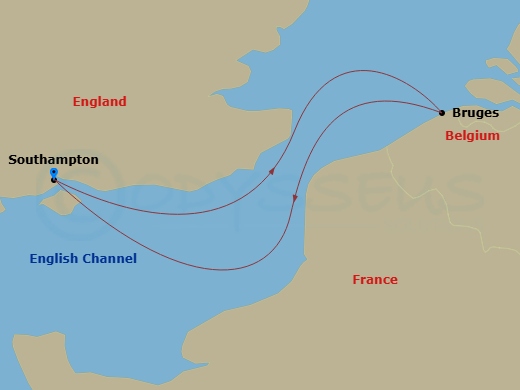 Queen Anne - 4 Night - Short Break to Zeebrugge - Queen Anne - Starting in Southampton, England, UK, Zeebrugge (tours to Bruges), Belgium, Southampton, England, UK itinerary map