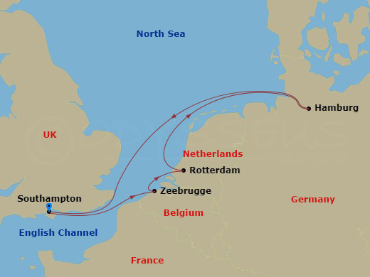 Queen Anne - 7 Night - Hamburg, Rotterdam and Zeebrugge - Queen Anne - Starting in Southampton, England, UK, Zeebrugge (tours to Bruges), Belgium, Rotterdam, Netherlands,.. itinerary map