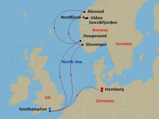 Queen Anne - 9 Night - Norwegian Fjords - Queen Anne - Starting in Southampton, England, UK, Stavanger, Norway, Olden, Norway, Innvikfjorden, Norway (Scenic Cruising), Nor.. itinerary map