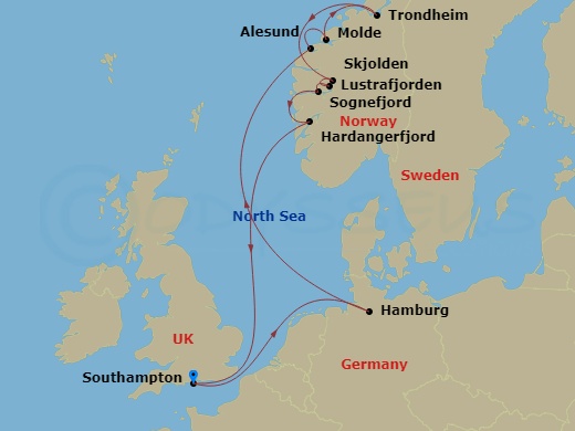 Queen Anne - 11 Night - Norwegian Fjords - Queen Anne - Starting in Southampton, England, UK, Hamburg, Germany, Alesund, Norway, Molde, Norway, Trondheim, Norway, Skjolden.. itinerary map