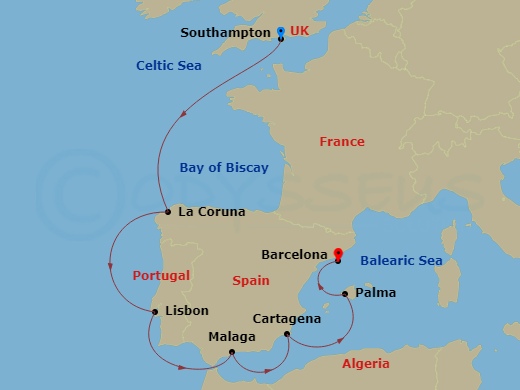 Queen Victoria - 10 Night - Spain and Portugal - Queen Victoria - Starting in Southampton, England, UK, La Coruna (tours to Santiago de Compostela), Spain, Lisbon, Portugal, M.. itinerary map