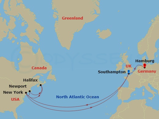 Queen Mary 2 - 23 Night - Transatlantic Crossing, New England and Canada - Queen Mary 2 - Starting in Southampton, England, UK, New York, NY, Newport, RI, Halifax, NS, Canad.. itinerary map