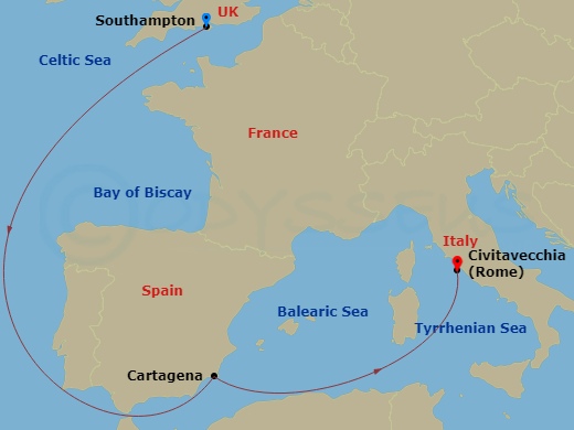 6 Night - Spain and Italy - Queen Anne - Starting in Southampton, England, UK, Cartagena ES, Civitavecchia (tours to Rome), Italy itinerary map