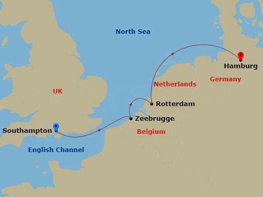 Queen Anne - 5 Night - Rotterdam and Zeebrugge Short Break - Queen Anne - Starting in Southampton, England, UK, Zeebrugge (tours to Bruges), Belgium, Rotterdam, Netherland.. itinerary map