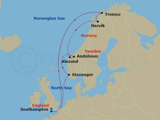 Queen Victoria - 13 Night - Norway and Northern Lights - Queen Victoria - Starting in Southampton, England, UK, Andalsnes, Norway, Tromso, Norway, Narvik, Norway, Alesund, Nor.. itinerary map