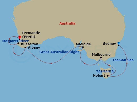 Crown Princess - 11 Night - Southern Australia Explorer - Crown Princess - Starting in Sydney AU, Hobart, Australia, Melbourne, Australia, Adelaide, Australia, Albany AU, Marg.. itinerary map