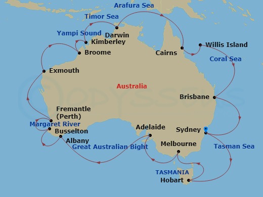 Crown Princess - 28 Night - Round Australia - Crown Princess - Starting in Sydney AU, Hobart, Australia, Melbourne, Australia, Adelaide, Australia, Albany AU, Margaret River (.. itinerary map