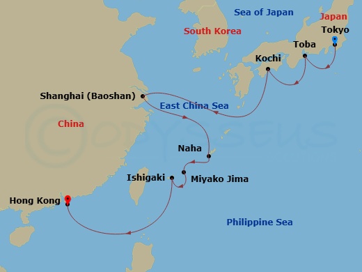 11 Night - A Journey of Ancient Roots & Colourful Charm - EXPLORA III - Starting in Tokyo, Toba, Kochi, Shanghai, Naha, Okinawa, Miyako Jima, Ishigaki Island, Hong Kong itinerary map
