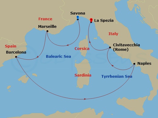 Costa Toscana - 6 Night - Western Mediterranean from Savona - Costa Toscana - Starting in Savona, Marseille, Barcelona, Napoli, Civitavecchia, La Spezia itinerary map