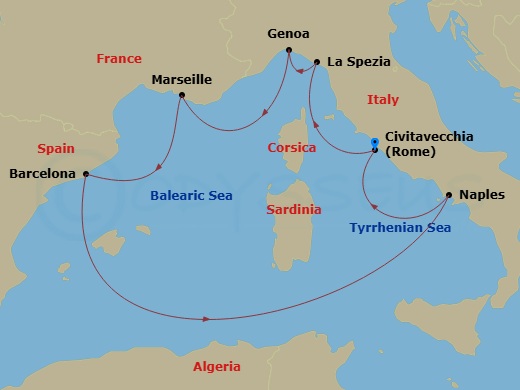 Costa Toscana - 7 Night - Western Mediterranean from Civitavecchia - Costa Toscana - Starting in Civitavecchia, La Spezia, Genoa, Marseille, Barcelona, Napoli, Civitavecchia itinerary map