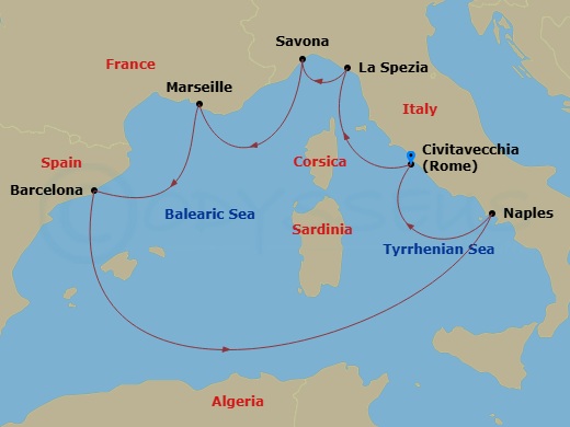 Costa Toscana - 7 Night - Western Mediterranean from Civitavecchia - Costa Toscana - Starting in Civitavecchia, La Spezia, Savona, Marseille, Barcelona, Napoli, Civitavecchia itinerary map