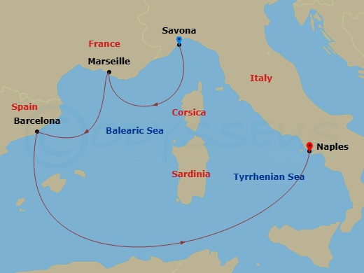 Costa Toscana - 4 Night - Western Mediterranean from Savona - Costa Toscana - Starting in Savona, Marseille, Barcelona, Napoli itinerary map