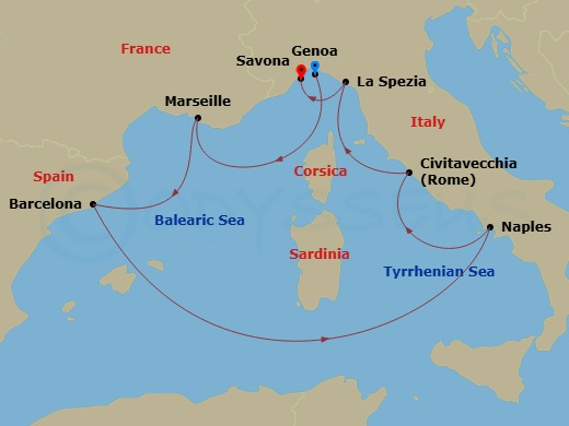 Costa Toscana - 7 Night - Western Mediterranean from Genova - Costa Toscana - Starting in Genoa, Marseille, Barcelona, Napoli, Civitavecchia, La Spezia, Savona itinerary map