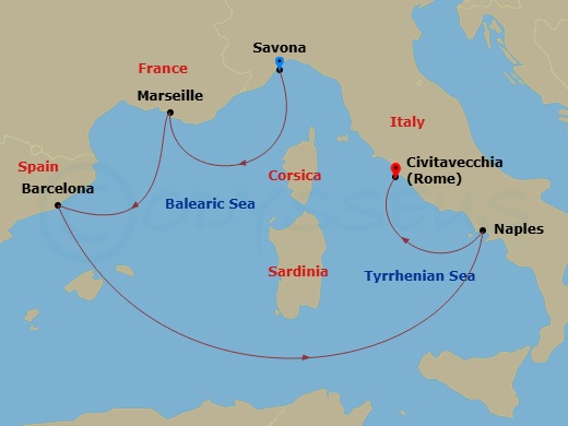 Costa Toscana - 5 Night - Western Mediterranean from Savona - Costa Toscana - Starting in Savona, Marseille, Barcelona, Napoli, Civitavecchia itinerary map