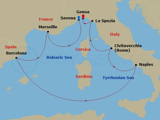Costa Toscana - 7 Night - Western Mediterranean from Savona - Costa Toscana - Starting in Savona, Marseille, Barcelona, Napoli, Civitavecchia, La Spezia, Genoa itinerary map