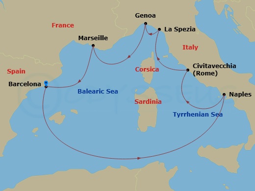 Costa Toscana - 7 Night - Western Mediterranean from Barcelona - Costa Toscana - Starting in Barcelona, Napoli, Civitavecchia, La Spezia, Genoa, Marseille, Barcelona itinerary map