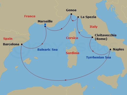 Costa Toscana - 7 Night - Western Mediterranean from Marseille - Costa Toscana - Starting in Marseille, Barcelona, Napoli, Civitavecchia, La Spezia, Genoa, Marseille itinerary map