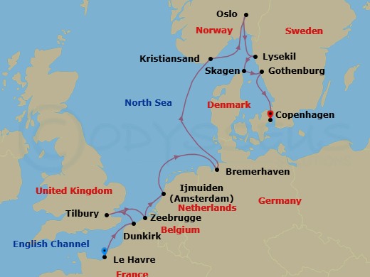 14 Night - Northern Enchantment - Seven Seas Mariner - Starting in Paris (Le Havre), Dunkirk, London (Tilbury), Cruising the North Sea, Bruges (Zeebrugge), Amsterdam (Ijmuiden), Bremerhaven, Cruising the North Sea, Kristiansand, Oslo, Lysekil, Skagen, Gothenburg, Copenhagen itinerary map